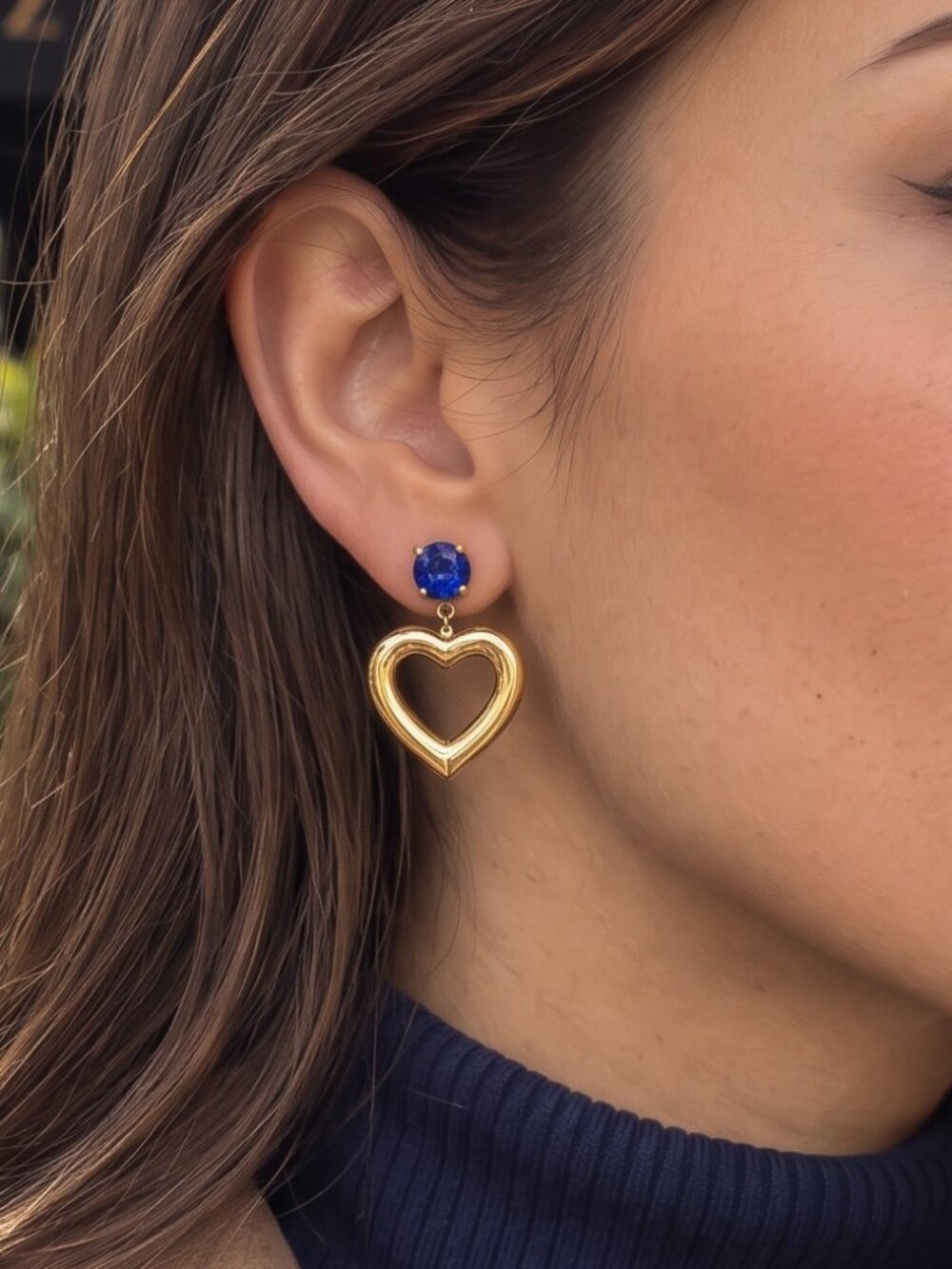 Puffy Heart Drop Earrings Gold Blue CZ Stud Bold Open Heart Statement 1.15"